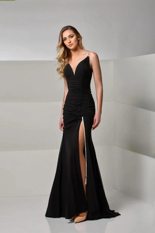 Glamorous Mermaid V Neck Spaghetti Strap Open Back Train Floor Length Prom Dress