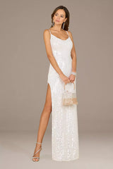 Glamorous All-Sequin Sheath Spaghetti-Strap V-Neck High-Slit Low-Back Wedding Dress