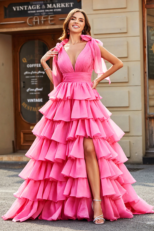 Robe de bal glamour décolleté plongeant nœud à l'épaule volants étagés longueur ras du sol robe de soirée