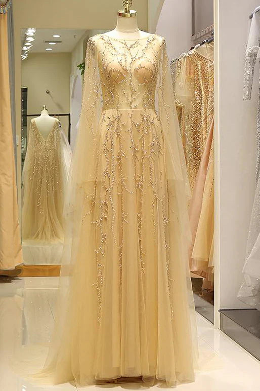Glamorous Beaded Tulle Evening Dresses with Sheer Long Sleeves, Deep V-Back and Cape Overlay Formal Dress
