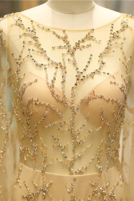 Glamorous Beaded Tulle Evening Dresses with Sheer Long Sleeves, Deep V-Back and Cape Overlay Formal Dress