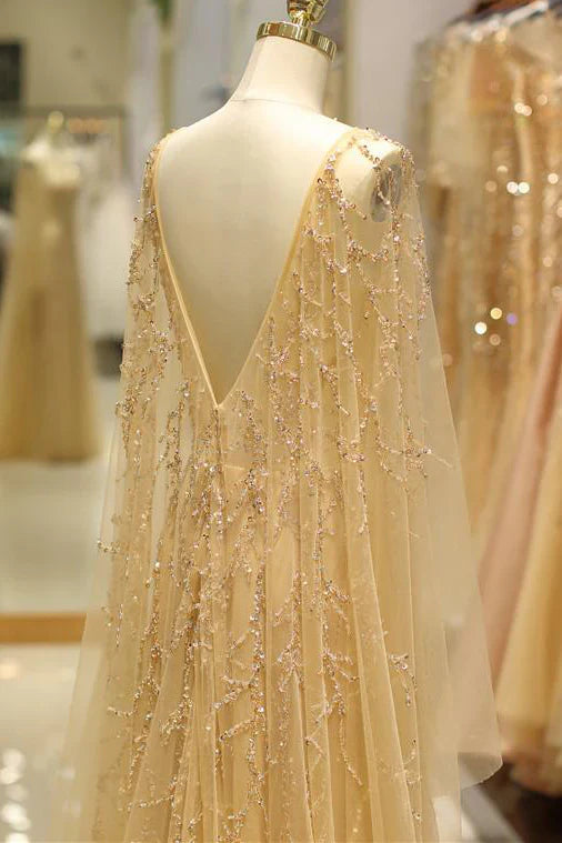 Glamorous Beaded Tulle Evening Dresses with Sheer Long Sleeves, Deep V-Back and Cape Overlay Formal Dress