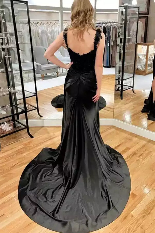 Glamorous Black Satin Mermaid Prom Dress with Lace Corset Bodice & High Slit