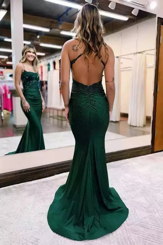 Glamorous Emerald Green Satin Mermaid Prom Dress with Beaded Lace Bodice & Open Back