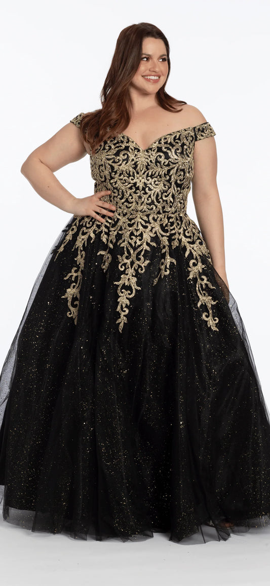 Glamorous Glitter Tulle Ball Dress Off-the-Shoulder Sweetheart Neck Short Sleeve Floor-Length Prom Dress with Gold Lace Applique for Formal Events