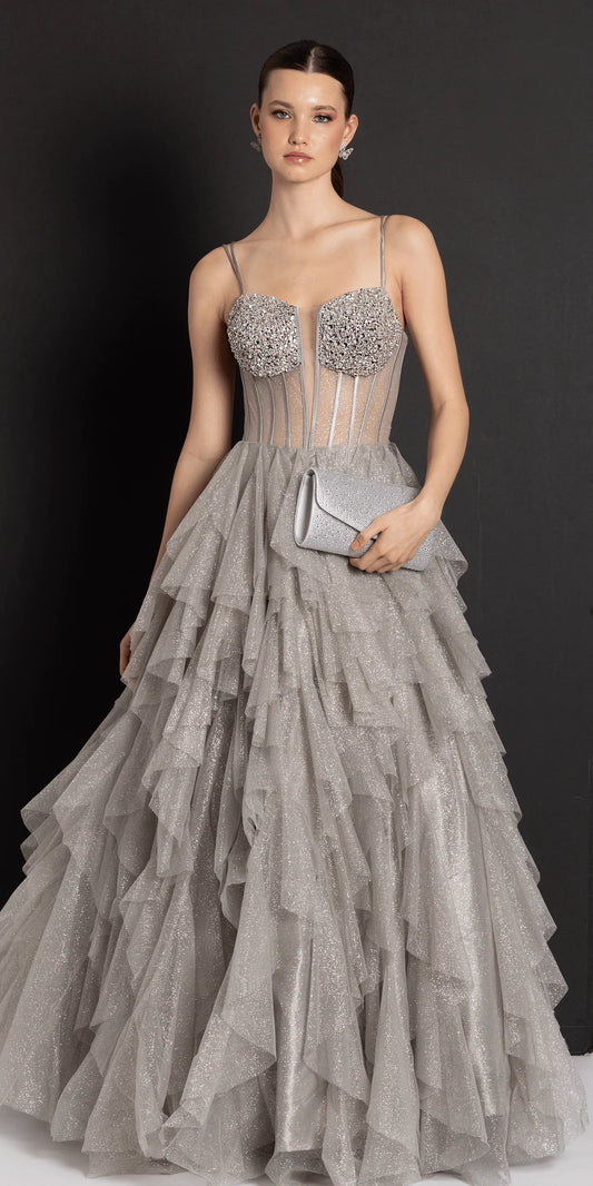 Glamorous Glitter Tulle Ball Dress Sweetheart Neck Spaghetti Strap Lace-Up Back Floor-Length Prom Dress with Beaded Bust for Formal Events