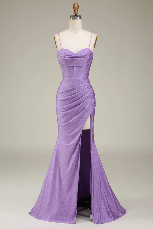 Robe de Soirée Sirène Glamour, Col Cœur, Bretelles Fines, Dos Croisé, Froncée, Traîne en Satin Scintillant