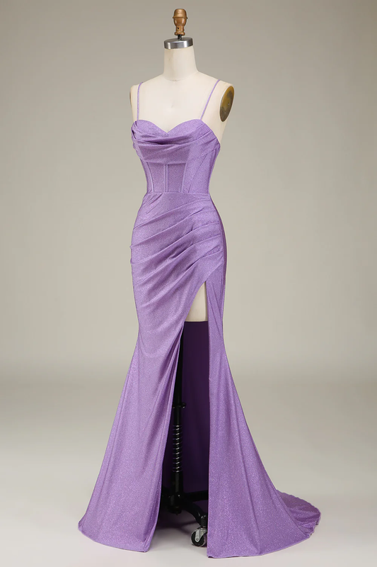 Robe de Soirée Sirène Glamour, Col Cœur, Bretelles Fines, Dos Croisé, Froncée, Traîne en Satin Scintillant