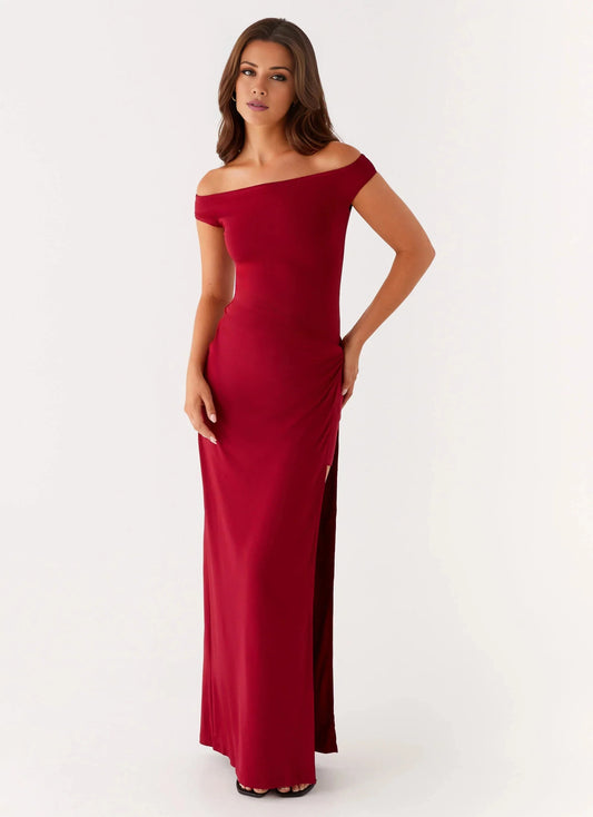 Glamorous Off-Shoulder Neck Sleeveless Backless Ruched Side-Slit Floor-Length Prom Dress by YiHuiw