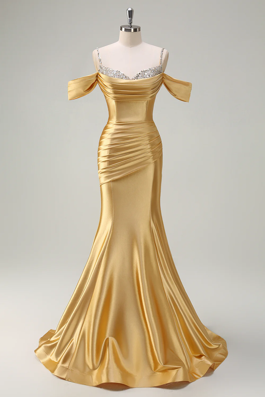 Robe de soirée sirène glamour en satin orné de perles, avec traîne et épaules dénudées