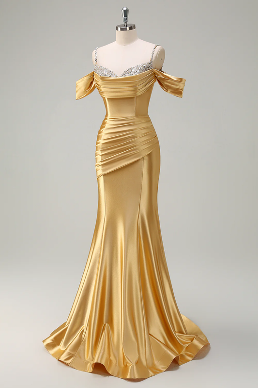 Robe de soirée sirène glamour en satin orné de perles, avec traîne et épaules dénudées