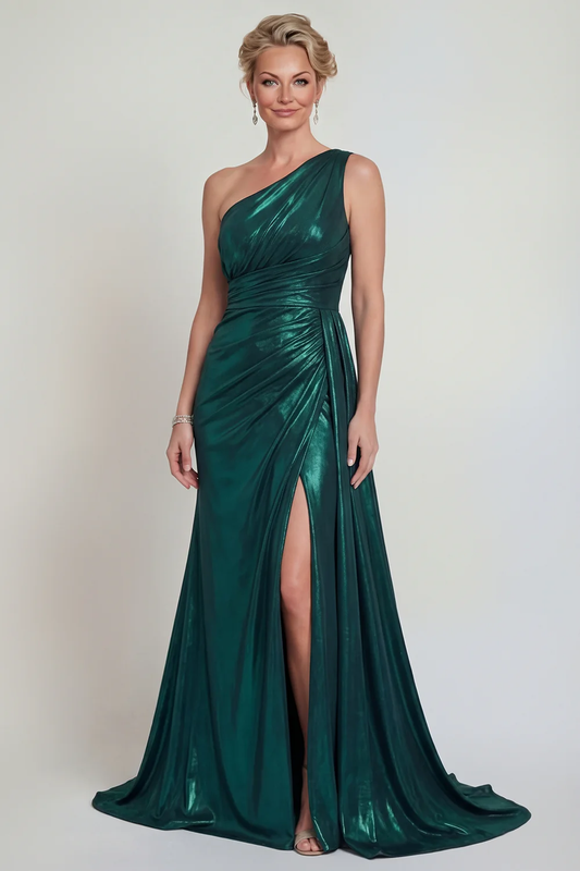 Robe de mariée sirène glamour asymétrique en satin métallisé ruché, avec fente et traîne, pour la mère de la mariée