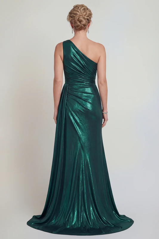 Robe de mariée sirène glamour asymétrique en satin métallisé ruché, avec fente et traîne, pour la mère de la mariée