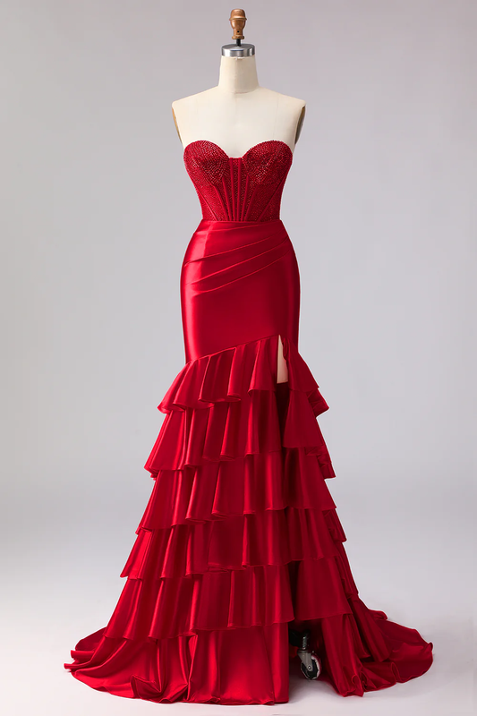 Robe de Soirée Sirène Rouge Glamour avec Buste Perlé et Fente à Volants