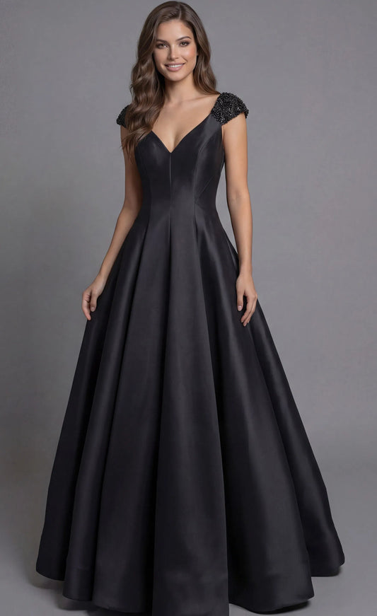 Glamorous Satin Evening Dress with Beaded Cap Sleeves, Deep V-Back and Ball Dress Skirt