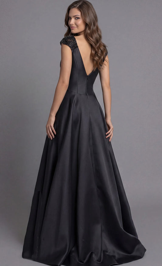 Glamorous Satin Evening Dress with Beaded Cap Sleeves, Deep V-Back and Ball Dress Skirt
