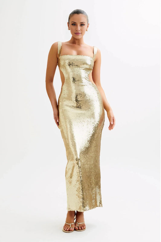 Glamorous Sequin Square-Neck Sleeveless Cut-Out Back Floor-Length Evening Dress by YiHuiw
