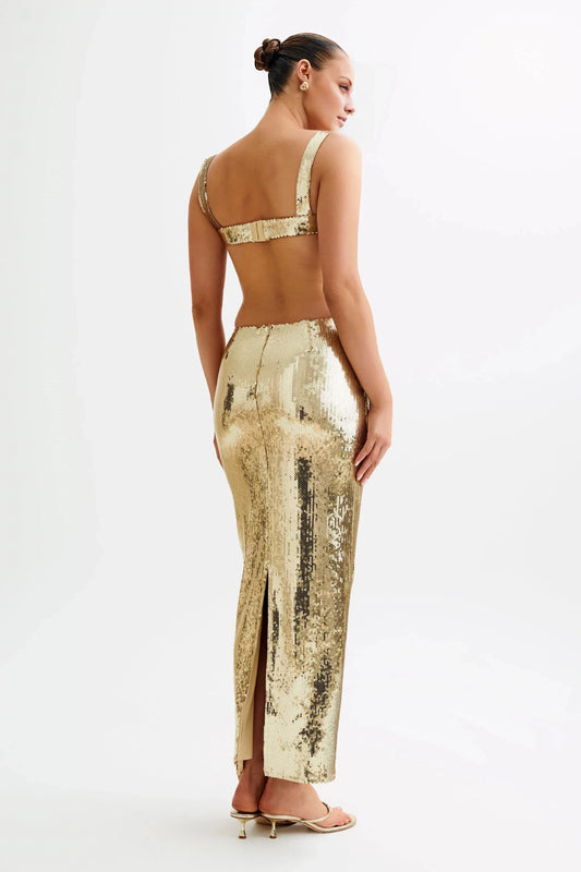 Glamorous Sequin Square-Neck Sleeveless Cut-Out Back Floor-Length Evening Dress by YiHuiw