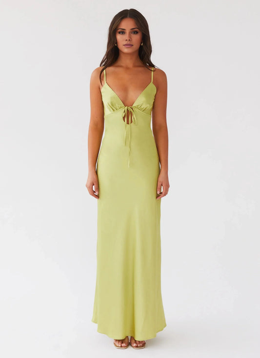 Glamorous Sheath V Neck Spaghetti-Strap Sleeveless Tie-Front Open-Back Floor-Length Prom Dress by YiHuiw