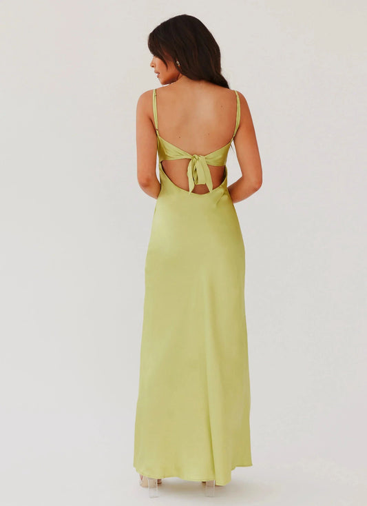 Glamorous Sheath V Neck Spaghetti-Strap Sleeveless Tie-Front Open-Back Floor-Length Prom Dress by YiHuiw