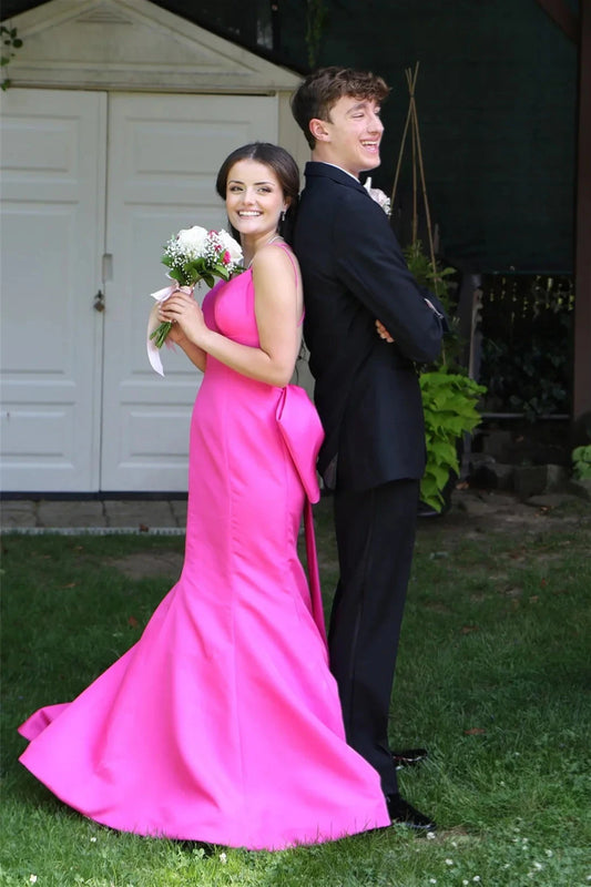 Glamorous Spaghetti Strap Sweetheart Neck Satin Mermaid Prom Dress with Oversized Back Bow & Sweeping Train by JiMiss Dresses