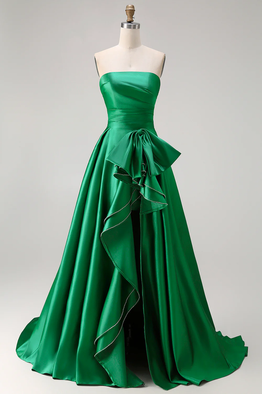 Glamorous Strapless Satin Evening Dress with Oversized Bow, Ruffled High Slit and Floor-Length Train for Formal Events