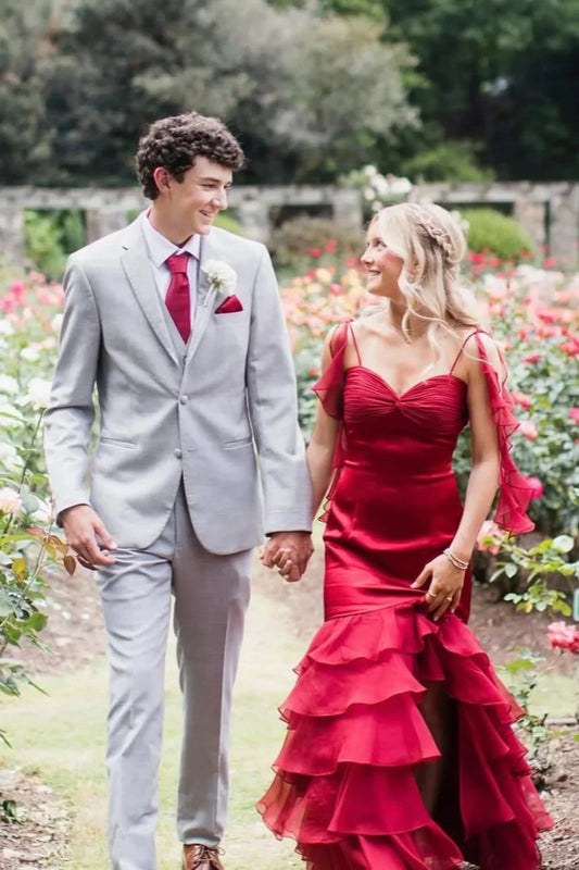 Glamorous Strapless Sweetheart Satin Mermaid Prom Dress with Ruffled Tiered Skirt Open Back & High Slit by JiMiss Dresses
