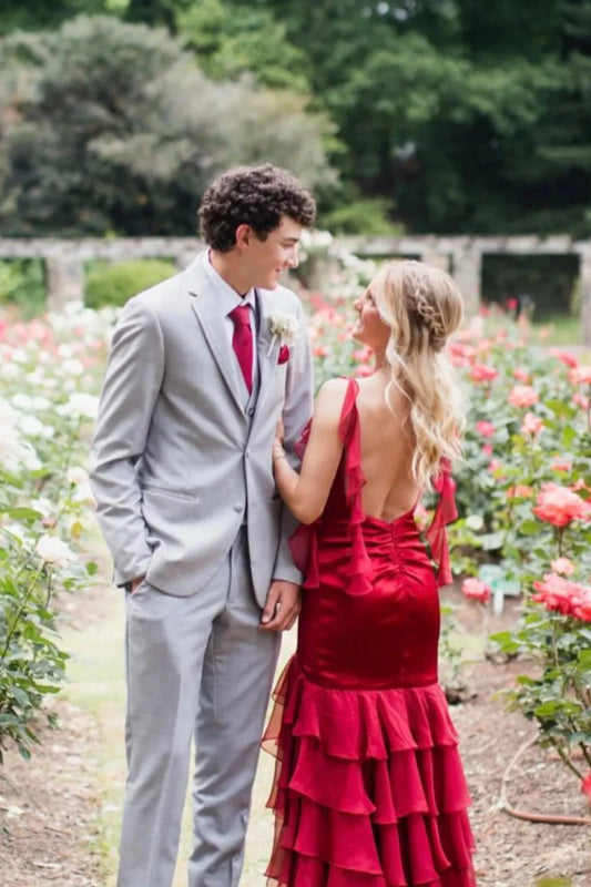 Glamorous Strapless Sweetheart Satin Mermaid Prom Dress with Ruffled Tiered Skirt Open Back & High Slit by JiMiss Dresses