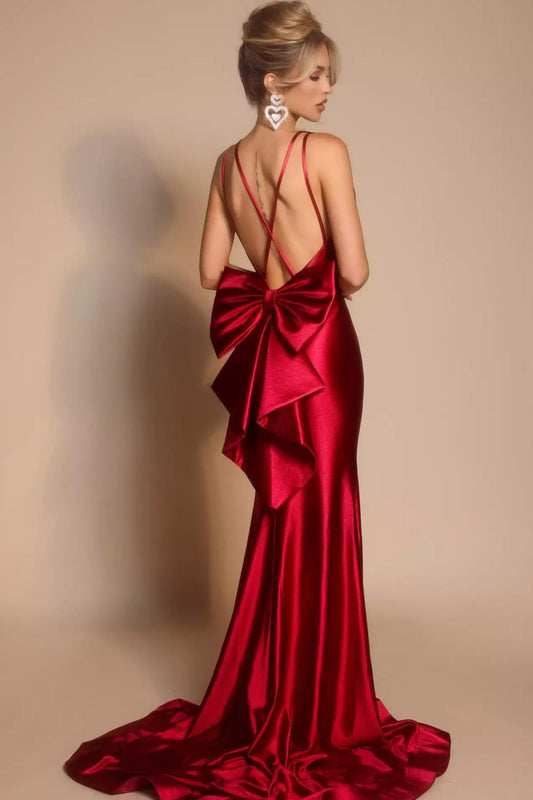 Glamorous V-Neck Satin Mermaid Train Prom Dress with Oversized Back Bow and Pockets