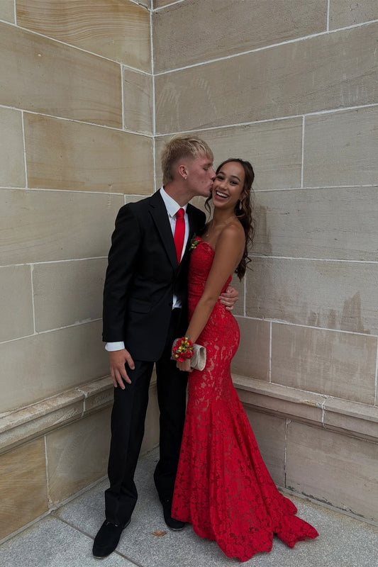 Glamorous Strapless Sweetheart Lace Overlay Mermaid Prom Dress with Open Back & Train by JiMiss Dresses