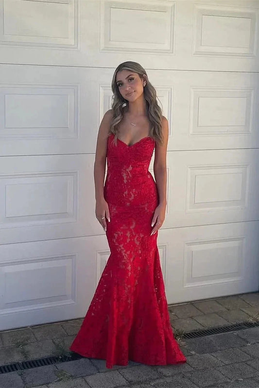 Glamorous Strapless Sweetheart Lace Overlay Mermaid Prom Dress with Open Back & Train by JiMiss Dresses