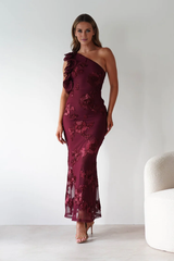 Glamorous embroidered mesh mermaid one-shoulder ruffle sequin midi evening dress