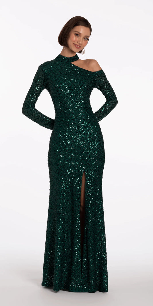 Glamorous emerald green sequin evening dress with high neck, cold shoulder, long sleeves, and mermaid skirt with slit