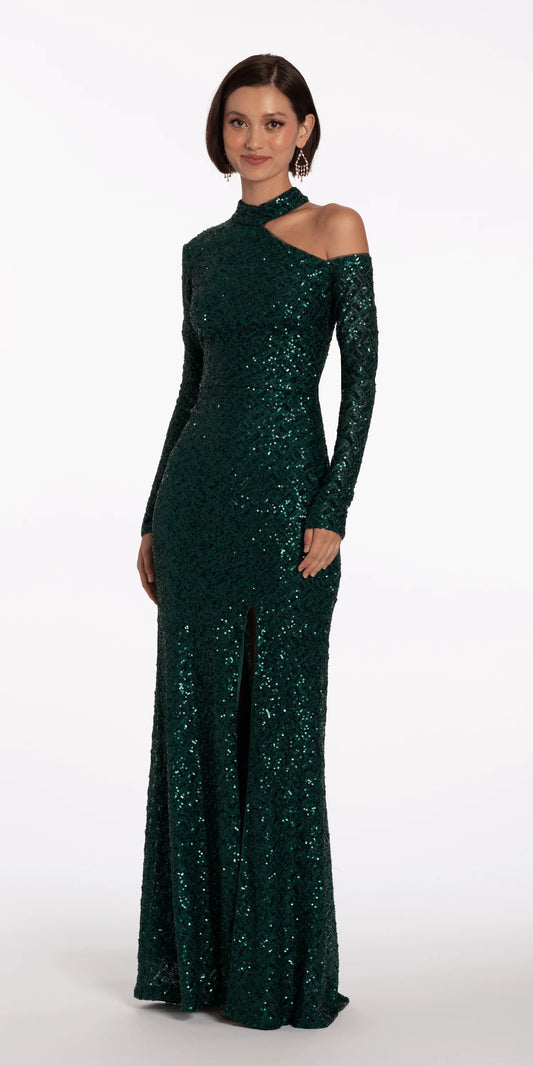 Glamorous emerald green sequin evening dress with high neck, cold shoulder, long sleeves, and mermaid skirt with slit