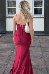 Glamorous jersey mermaid sweetheart spaghetti strap lace-back slit floor length evening dress