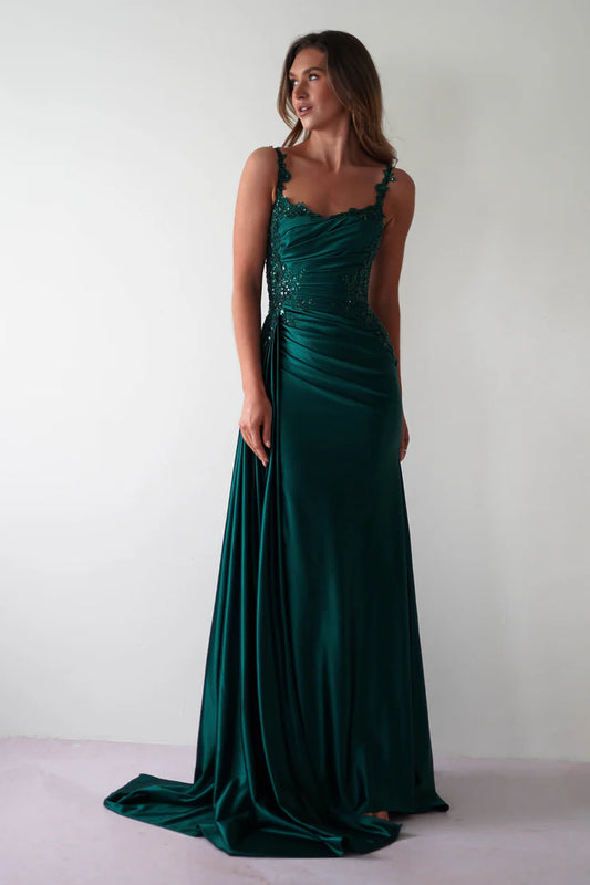 Glamorous satin mermaid lace spaghetti strap open-back slit floor length evening dress
