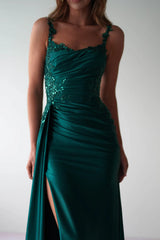 Glamorous satin mermaid lace spaghetti strap open-back slit floor length evening dress