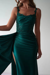 Glamorous satin mermaid lace spaghetti strap open-back slit floor length evening dress