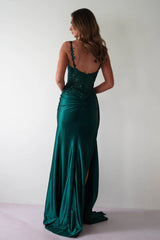 Glamorous satin mermaid lace spaghetti strap open-back slit floor length evening dress