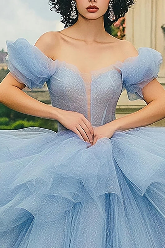 Dusty Blue Off-the-Shoulder Ball Gown Prom Dress with Puff Sleeves and Glitter Tulle Skirt