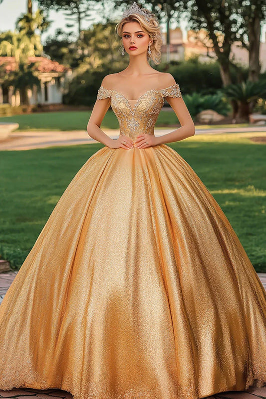 Champagne Gold Off-the-Shoulder Ball Gown Prom Dress with Beaded Corset Bodice