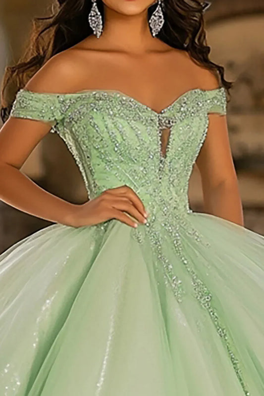 Sage Green Off-the-Shoulder Ball Gown Prom Dress with Glitter Tulle Skirt