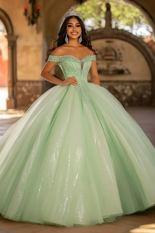 Sage Green Off-the-Shoulder Ball Gown Prom Dress with Glitter Tulle Skirt