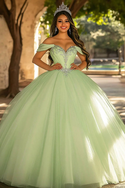Sage Green Off-the-Shoulder Ball Gown Prom Dress with Lace Appliques and Tulle Skirt