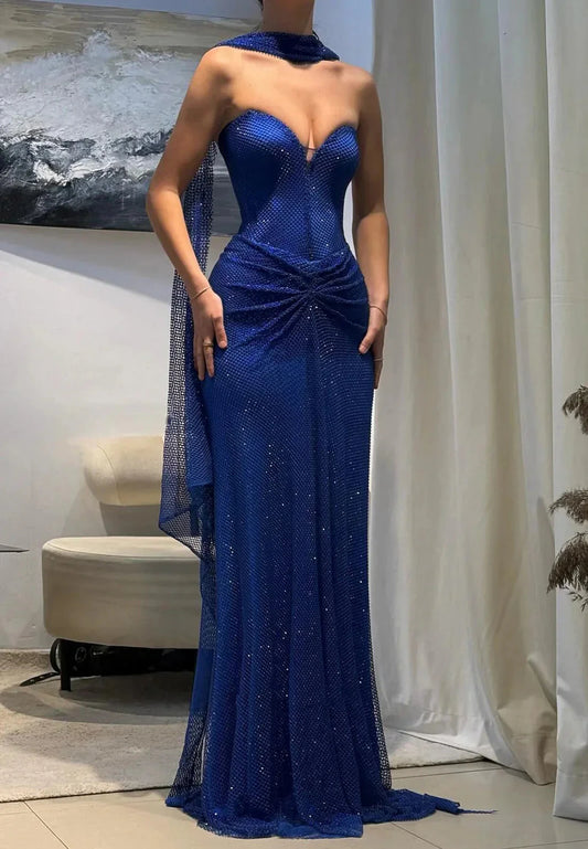 Glitter Royal Blue V-Neck Ruched Prom Dress Long Graduation Gown simple gentle atmospheric and unique desi Bring summer colors to enhance whiteness by YiHuiw