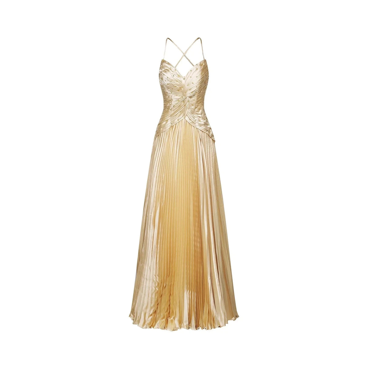 Gold Satin Pleated Maxi Dress with Embellished Bodice Eline pleated maxi dress Evening Dress by YiHuiw