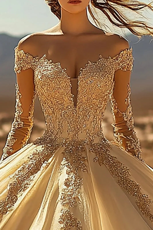 Champagne Off-the-Shoulder Ball Gown Prom Dress with Lace Appliques and Satin Skirt