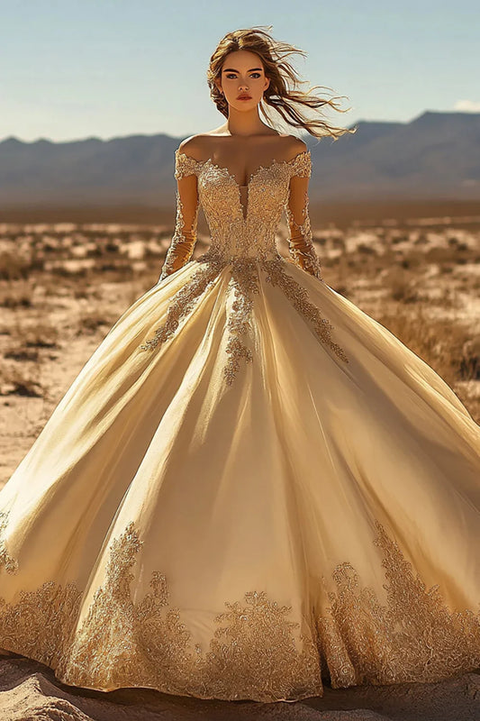 Champagne Off-the-Shoulder Ball Gown Prom Dress with Lace Appliques and Satin Skirt