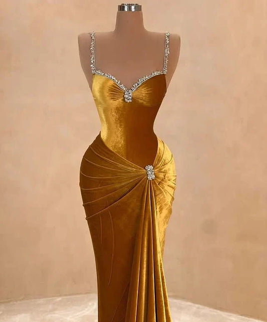 Gold Fashion Elegant Velvet Long Mermaid Slim Prom dress Evening Dress Party Dress simple gentle atmospheric and unique desi Bring summer colors to enhance whiteness by YiHuiw