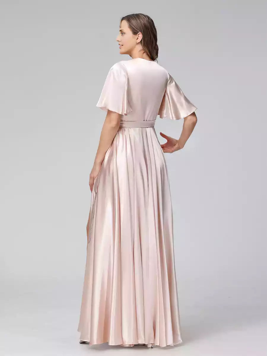 Preciosos vestidos de dama de honor de satén de seda largo, corte en A, cuello en V, media manga, con volantes y abertura lateral